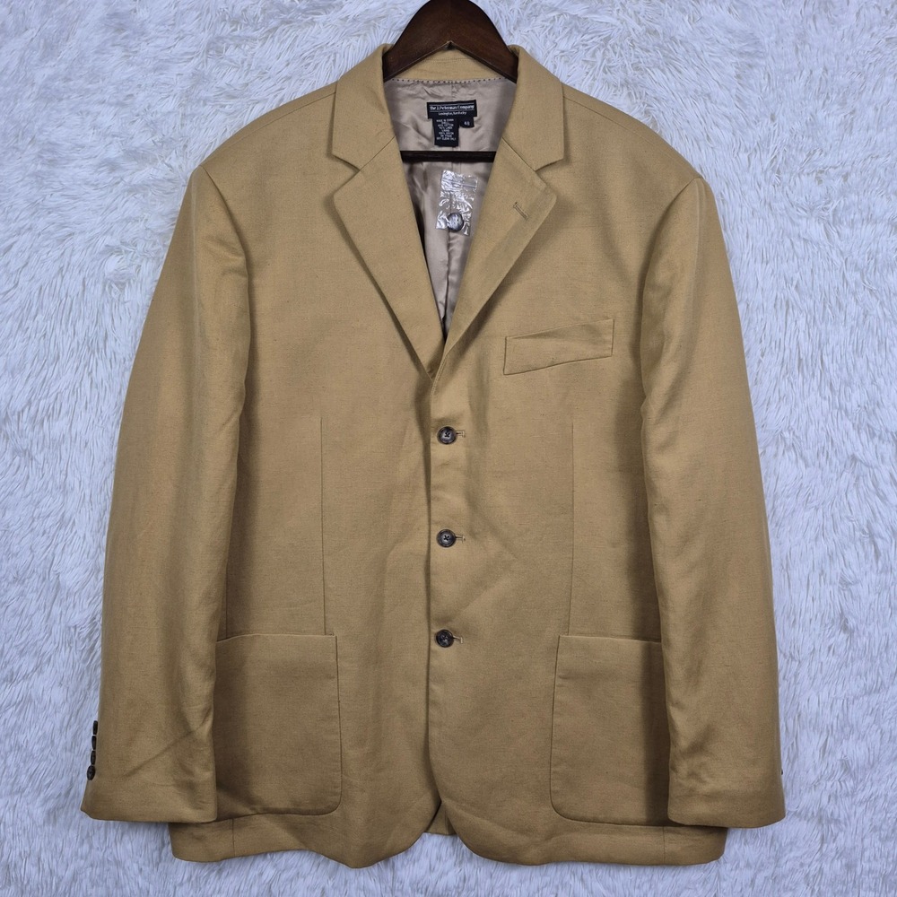 Vtg J. Peterman Mens Tan Cotton Linen Blend 3-Button Blazer Sport Coat Jacket 48